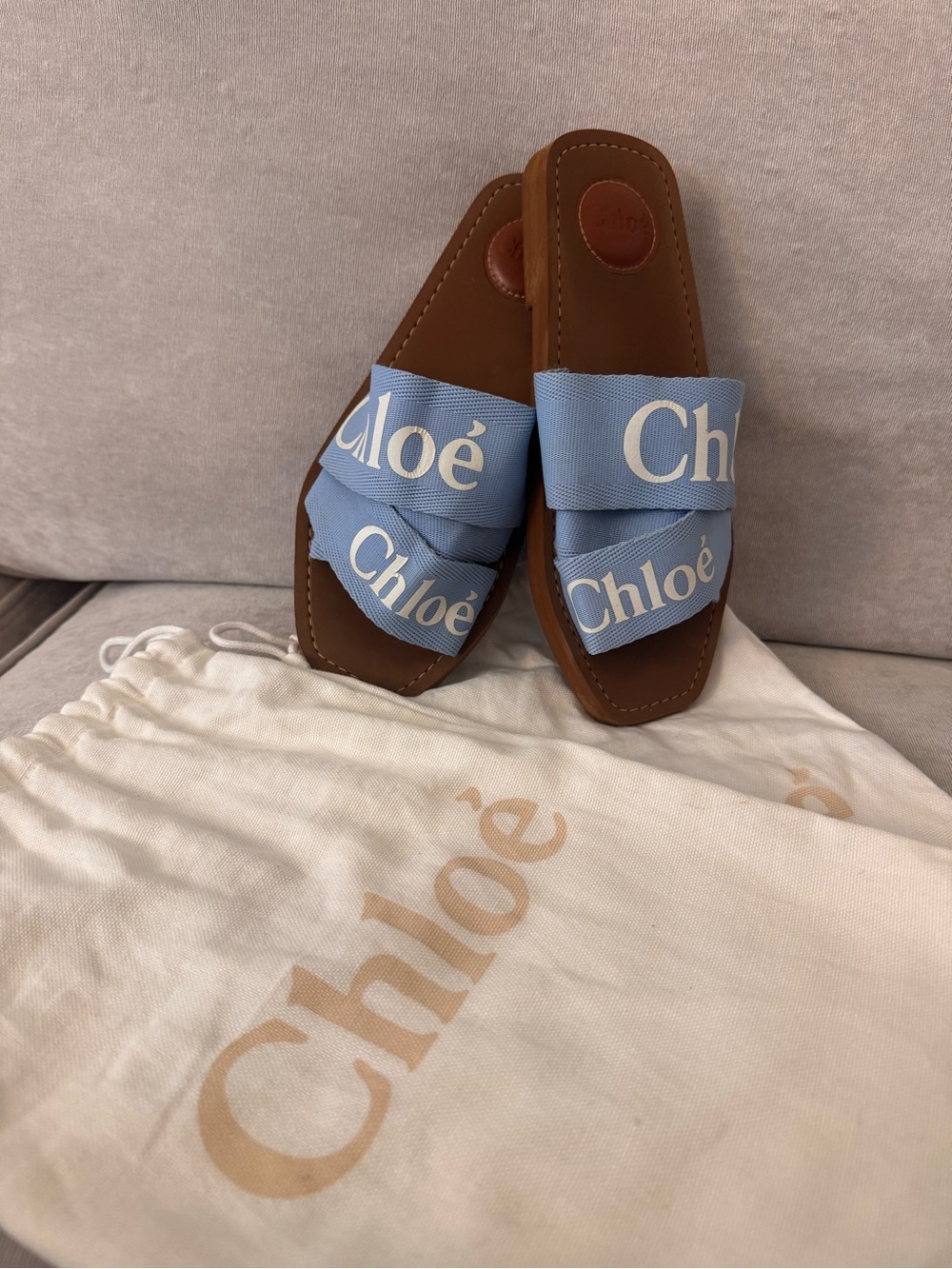 Chloé Blue Logo Ribbon Leather Slide Sandals - Picture 2 of 7